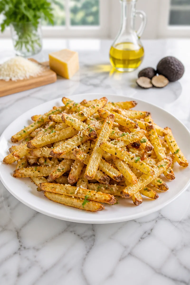 Crispy baked parmesan truffle fries on a white plate