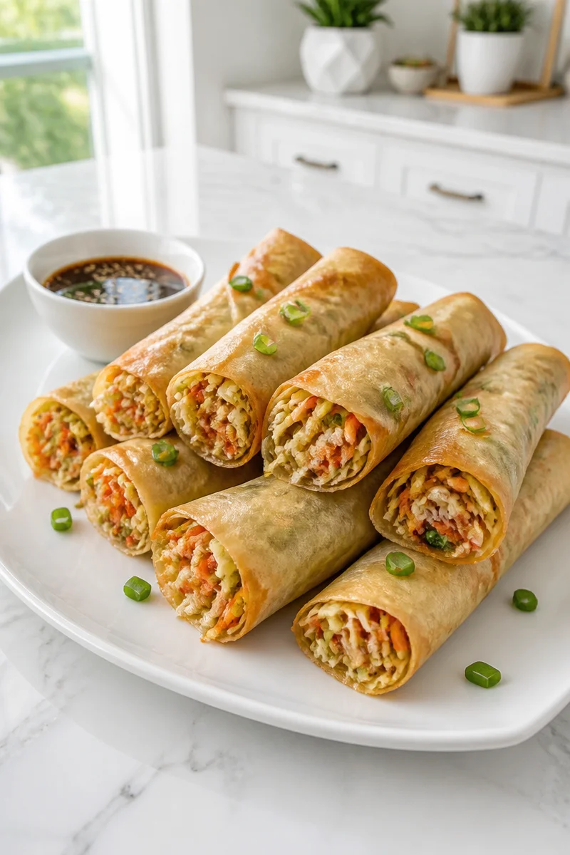 Crispy baked vegetable spring rolls served on a plate for a healthy snack