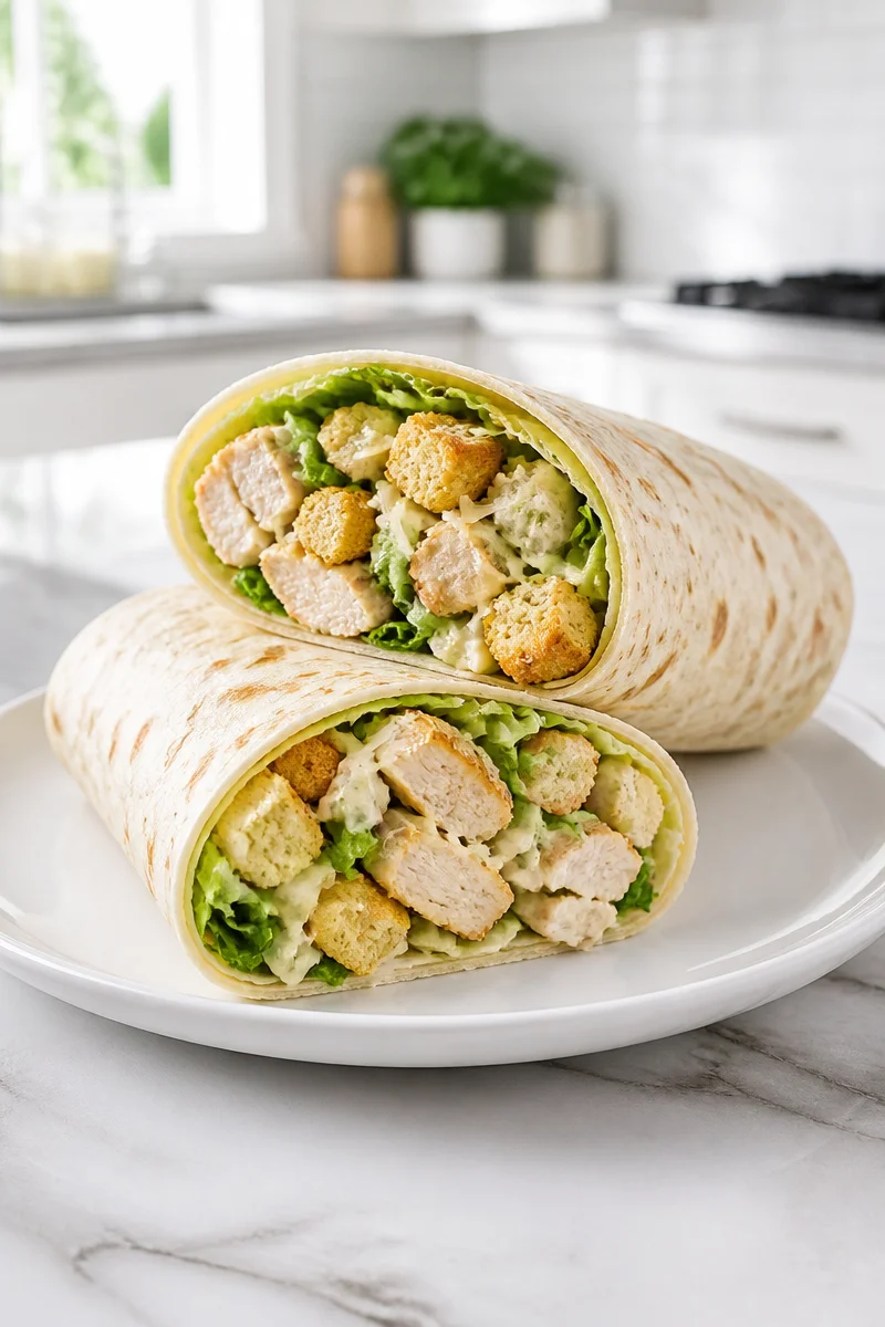 Crispy Chicken Caesar Wrap drizzled with Parmesan dressing