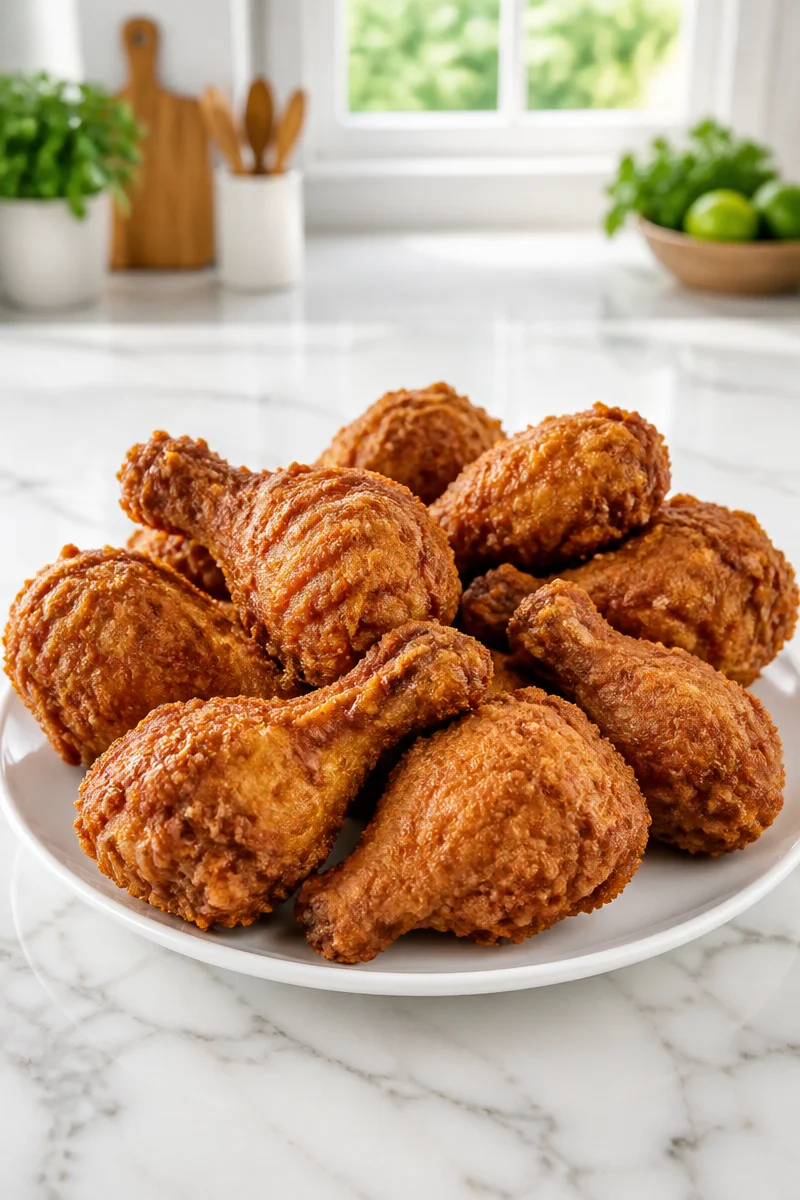 Crispy crown fried chicken drumsticks served on a plate
