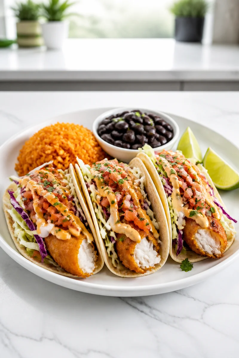 Crispy Halal Battered Baja Fish Taco served with fresh toppings and sides.