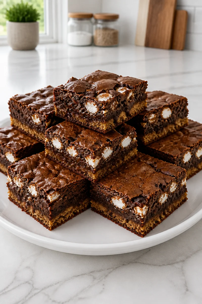 Decadent smores chocolate brownie bar topped with marshmallows and graham crackers.