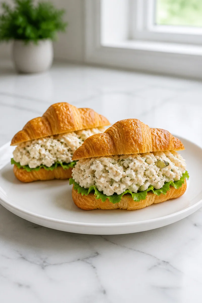 Dill pickle chicken salad sandwich served on a croissant