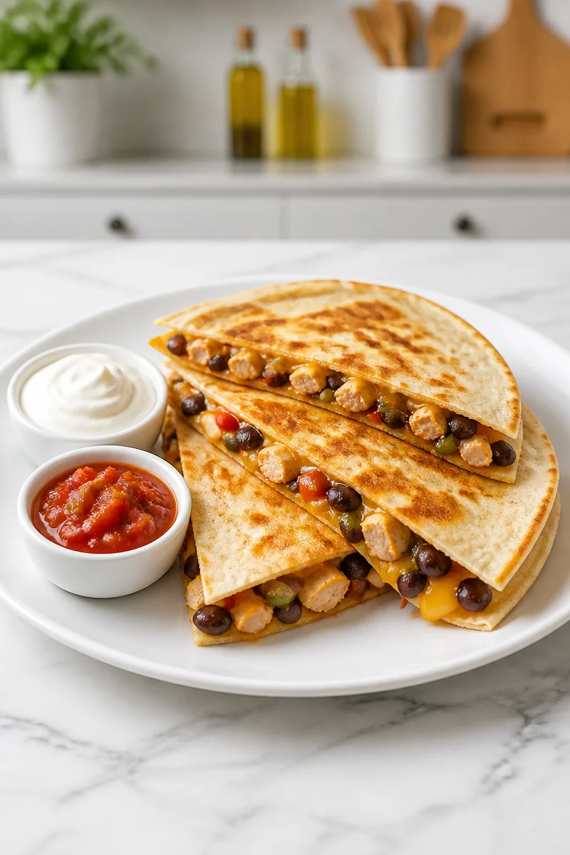 Delicious easy chicken quesadilla with black beans on a plate