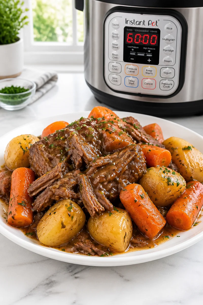 Delicious easy instant pot beef pot roast with vegetables and gravy