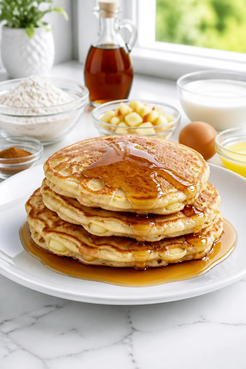 Fluffy cinnamon apple pancakes topped with maple syrup on a plate