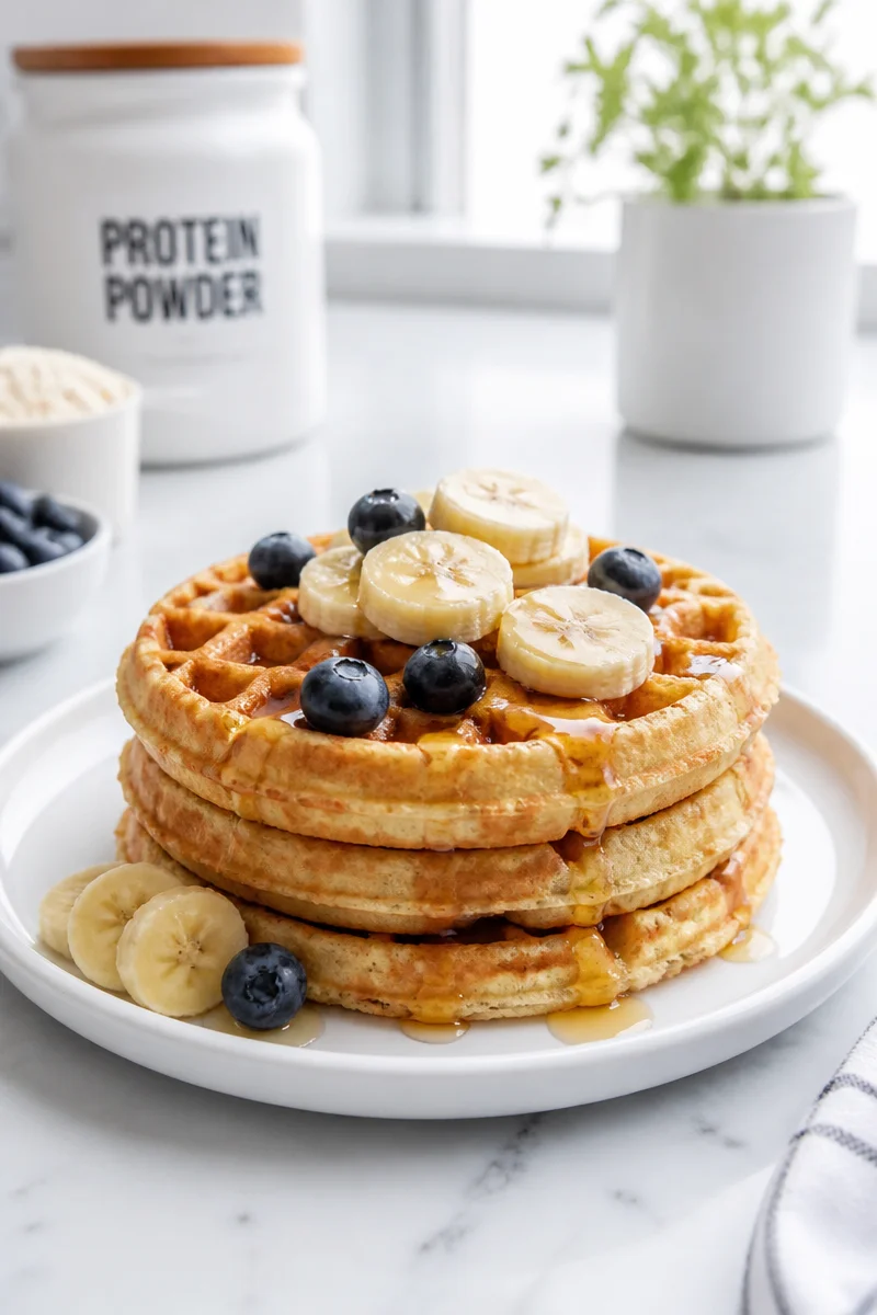 Fluffy high protein vanilla waffle topped with fresh berries