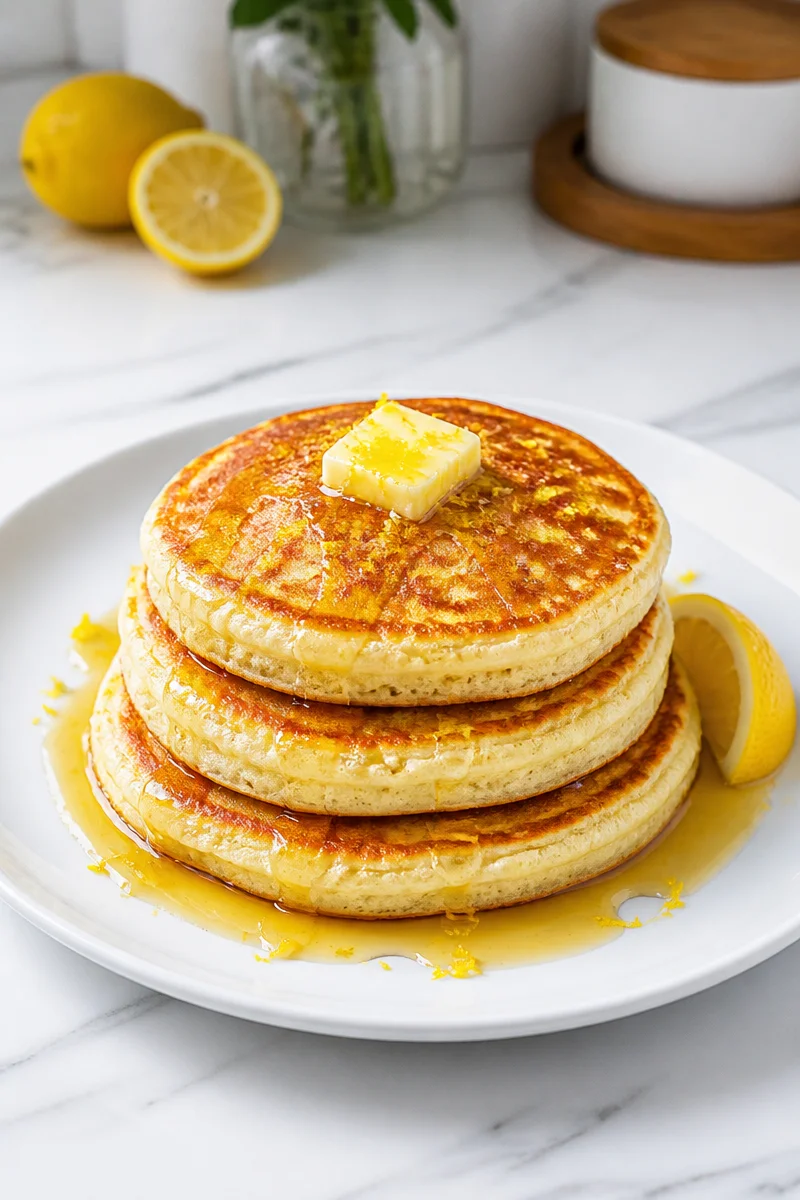 Fluffy ricotta pancakes with lemon zest served on a plate