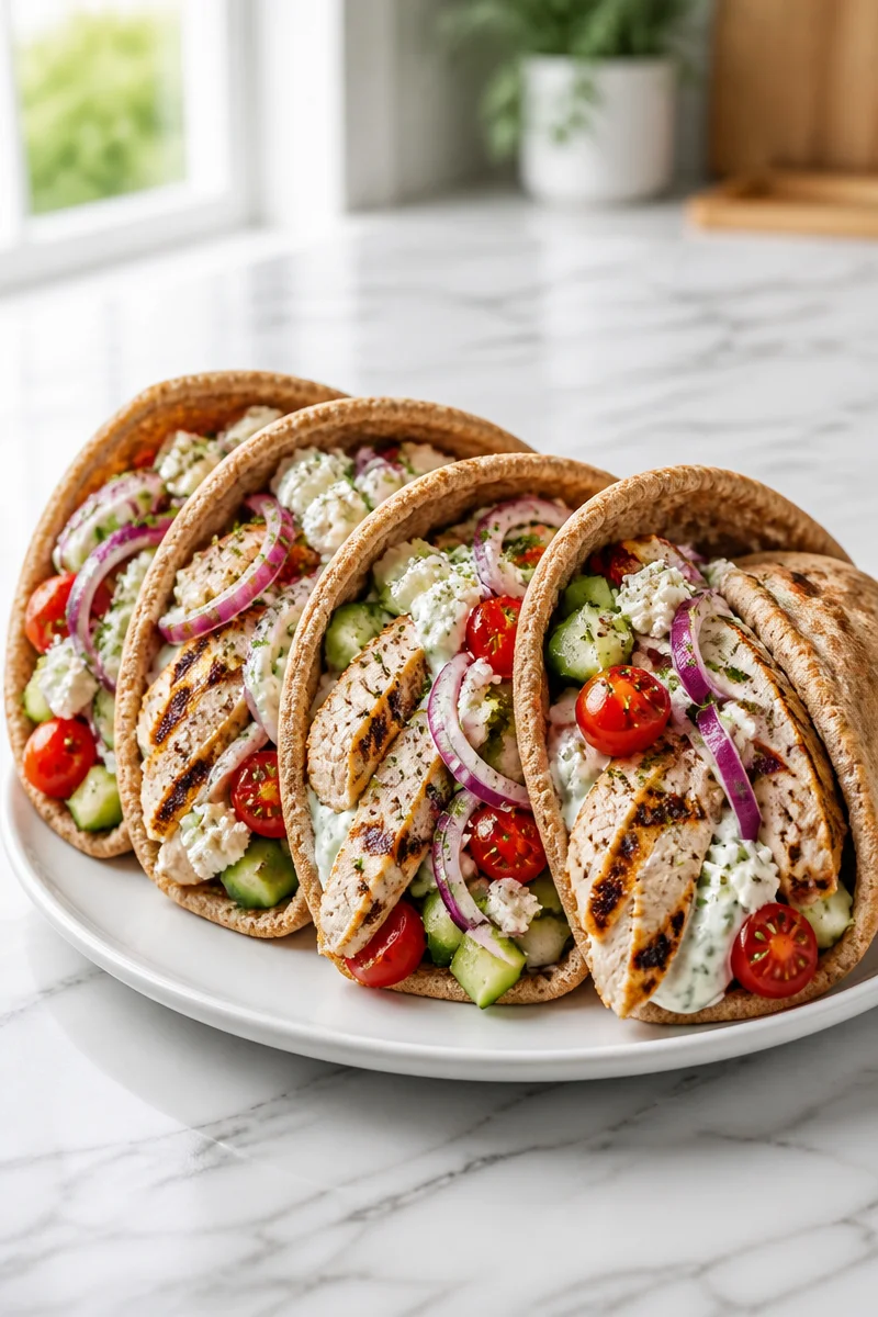 Fresh Greek Chicken Pita Pocket filled with vegetables and grilled chicken