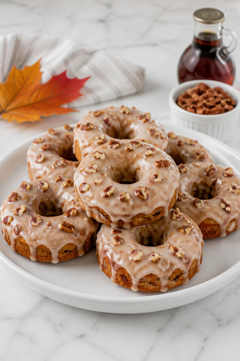 Glazed maple pecan baked donut snack on a plate