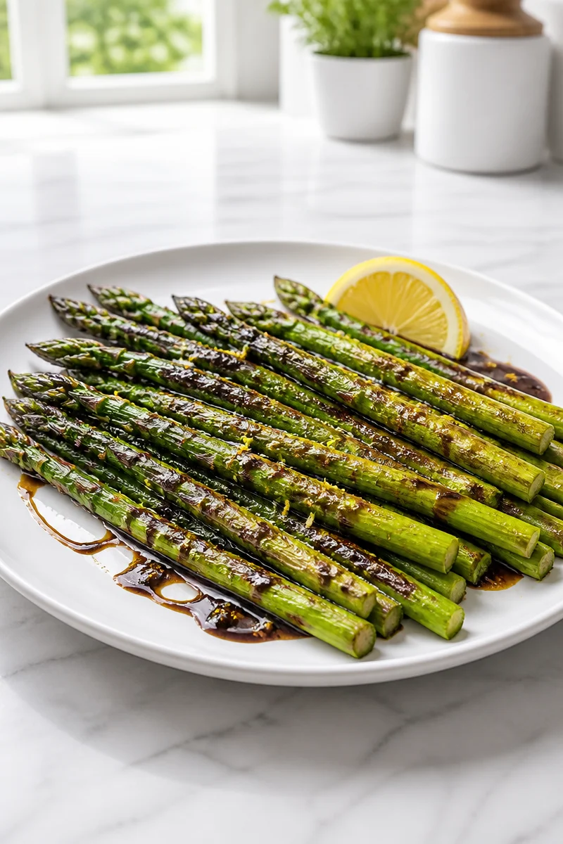 Grilled asparagus topped with lemon balsamic glaze on a plate
