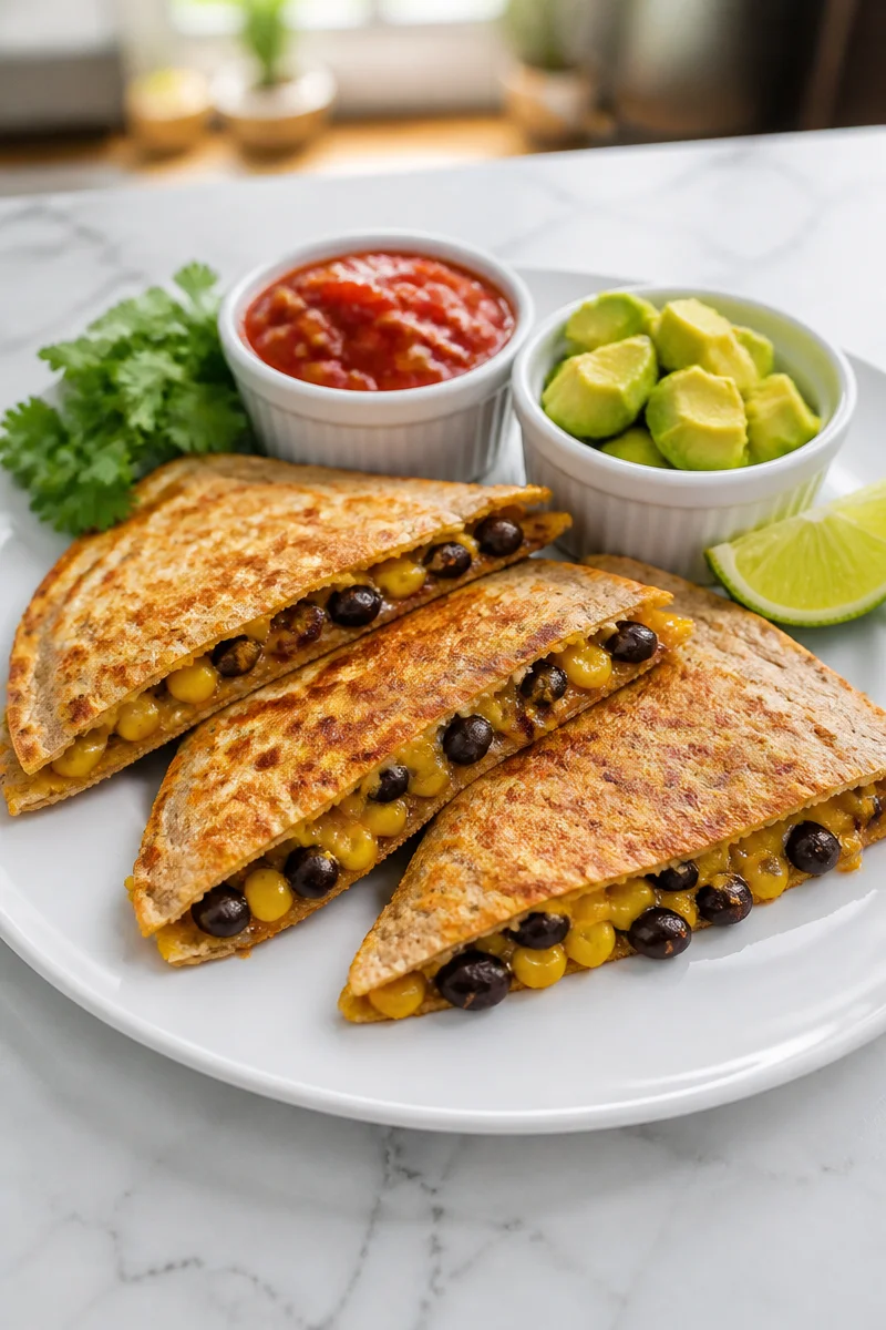 Healthy black bean and corn quesadilla served on a plate.