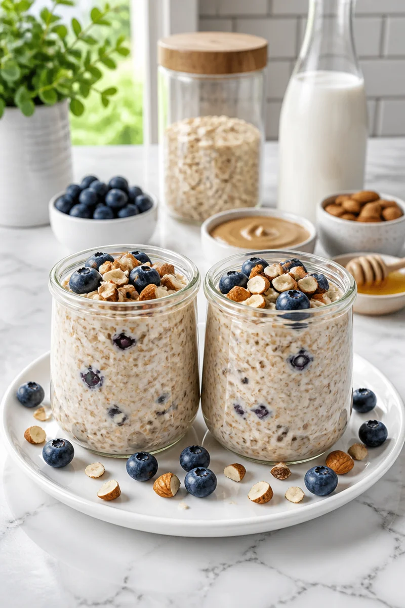 Healthy blueberry almond butter oatmeal served in a bowl with fresh blueberries
