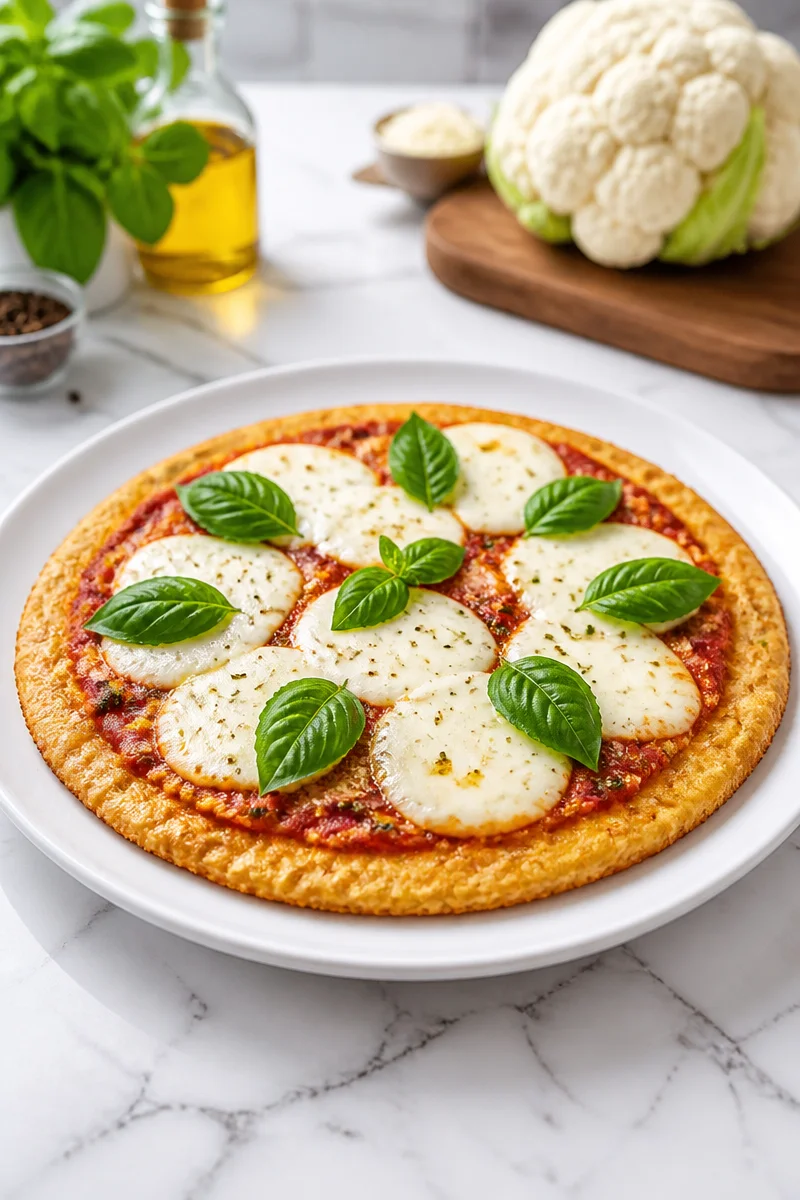 Healthy Margherita pizza on a cauliflower crust served on a wooden board
