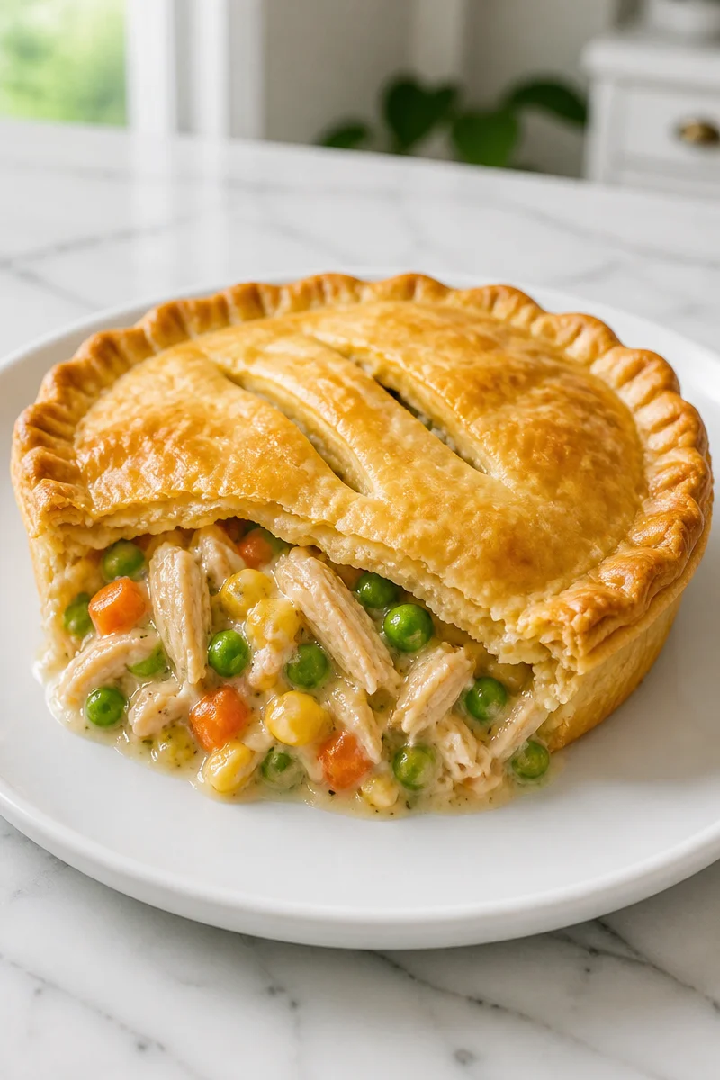 Healthy dairy-free chicken pot pie casserole served in a baking dish