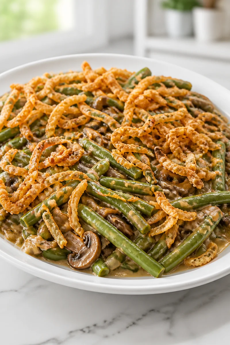 Healthy mushroom green bean casserole with fresh ingredients on a serving plate.