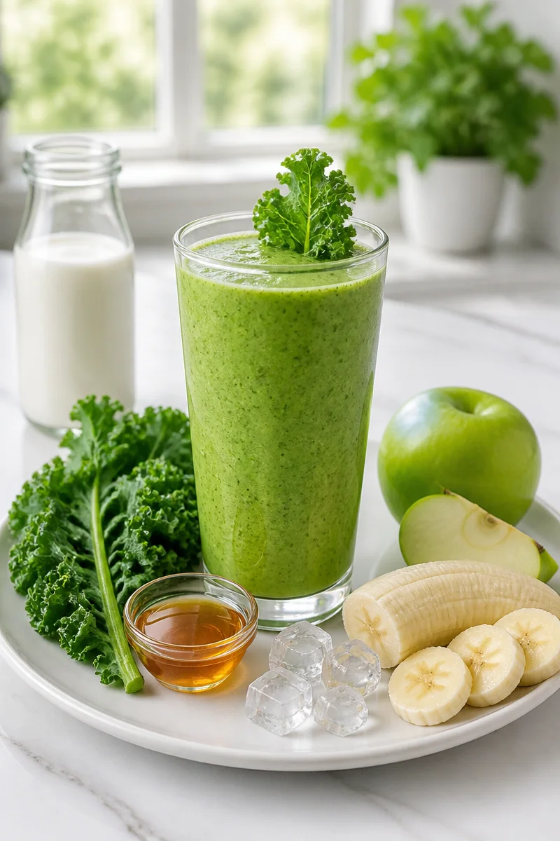 Healthy green apple and kale smoothie in a glass with fresh ingredients