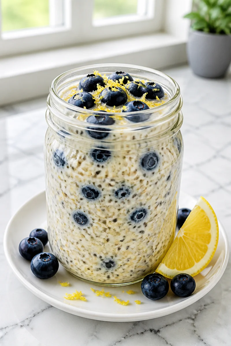 Healthy Lemon Blueberry Overnight Oat Jar with fresh ingredients