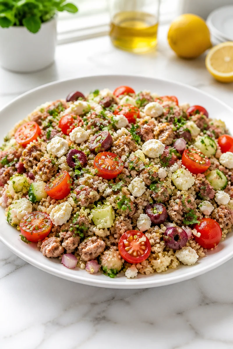 Healthy Mediterranean ground turkey bowl recipe with fresh vegetables and herbs.