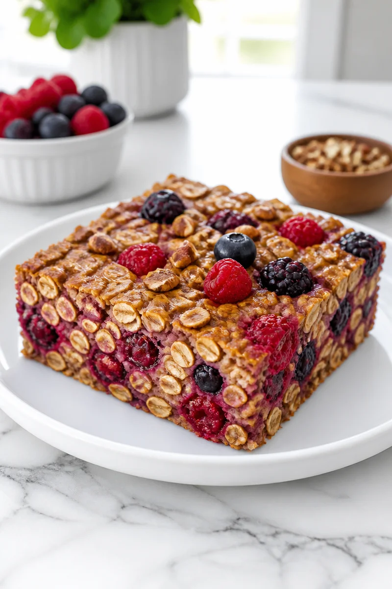 Delicious healthy mixed berry baked oatmeal served in a bowl.