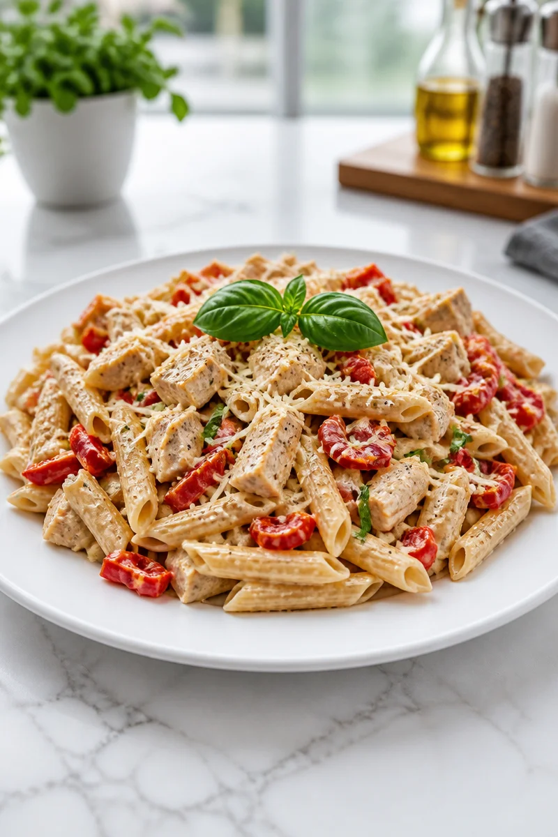 Healthy roasted red pepper and chicken pasta alfredo served in a bowl