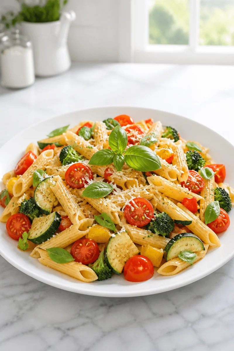 Healthy Vegetable and Parmesan Pasta Primavera with fresh vegetables
