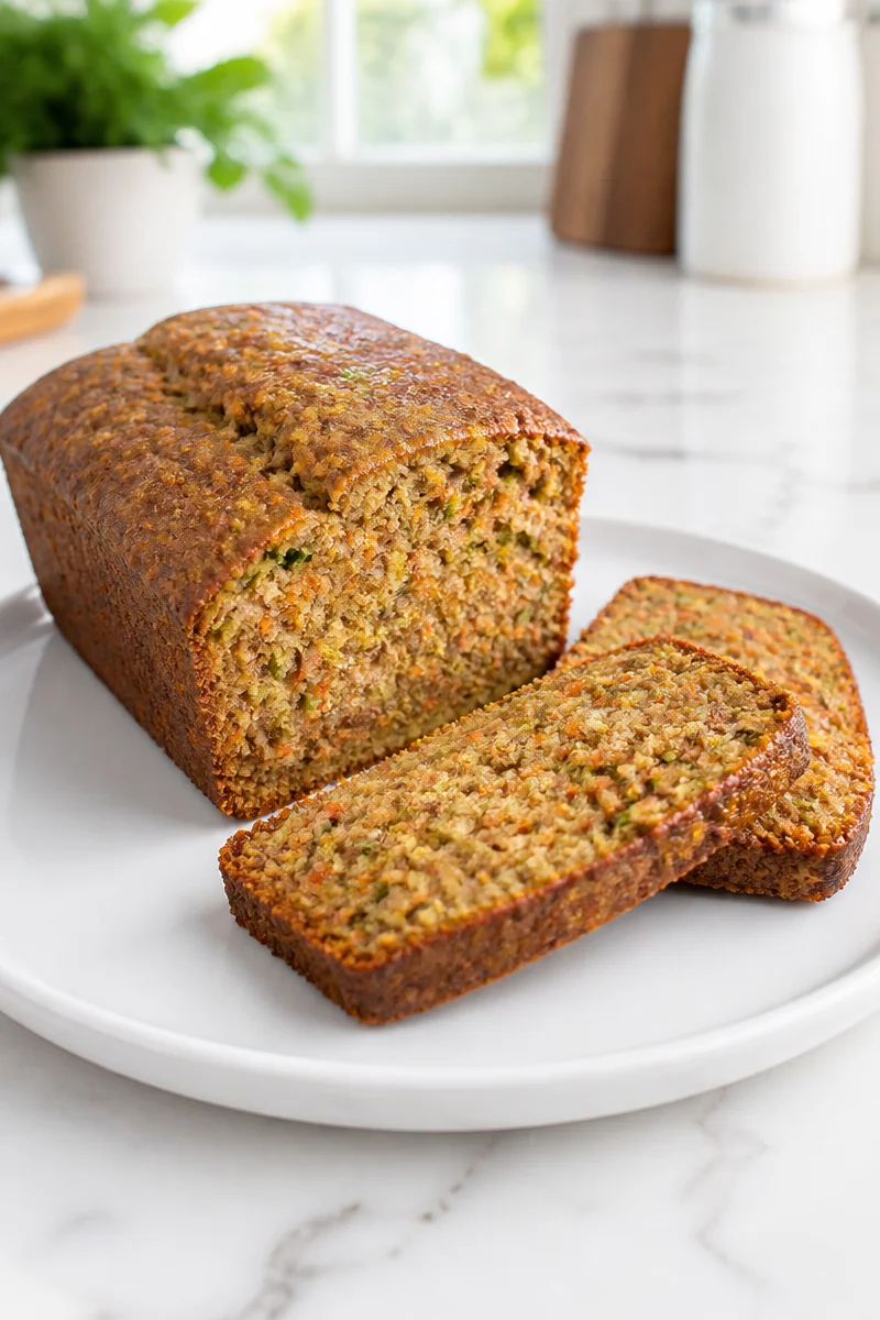 Slice of healthy zucchini carrot oatmeal bread on a wooden cutting board
