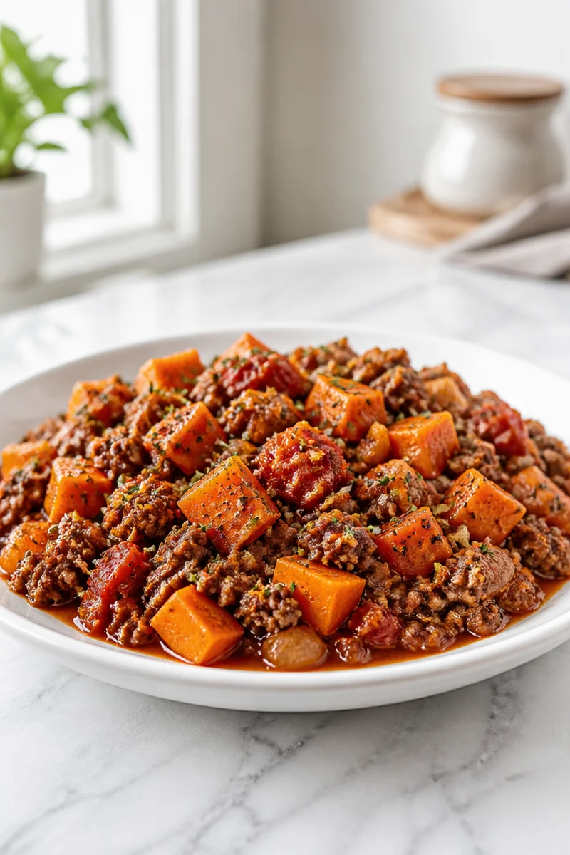 Hearty ground beef and sweet potato crock pot meal served in a bowl