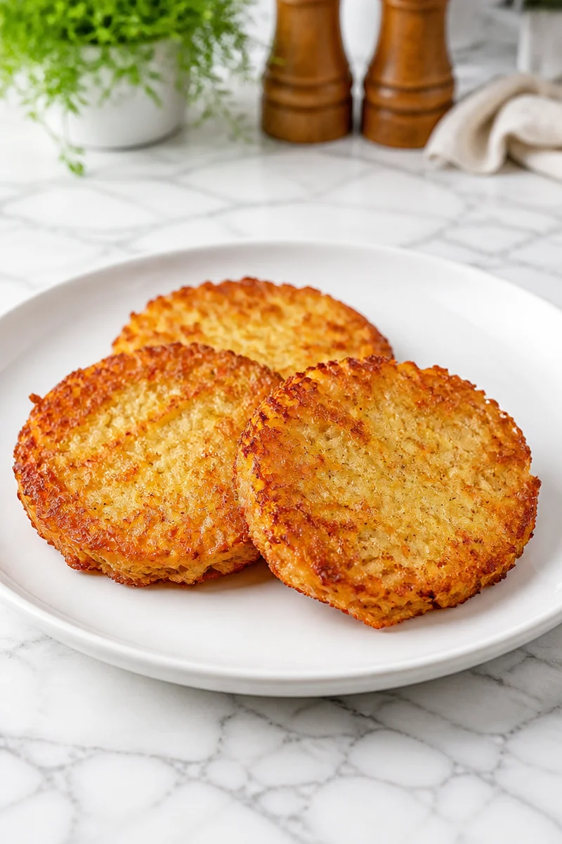 Crispy homemade hash brown patty served on a plate.
