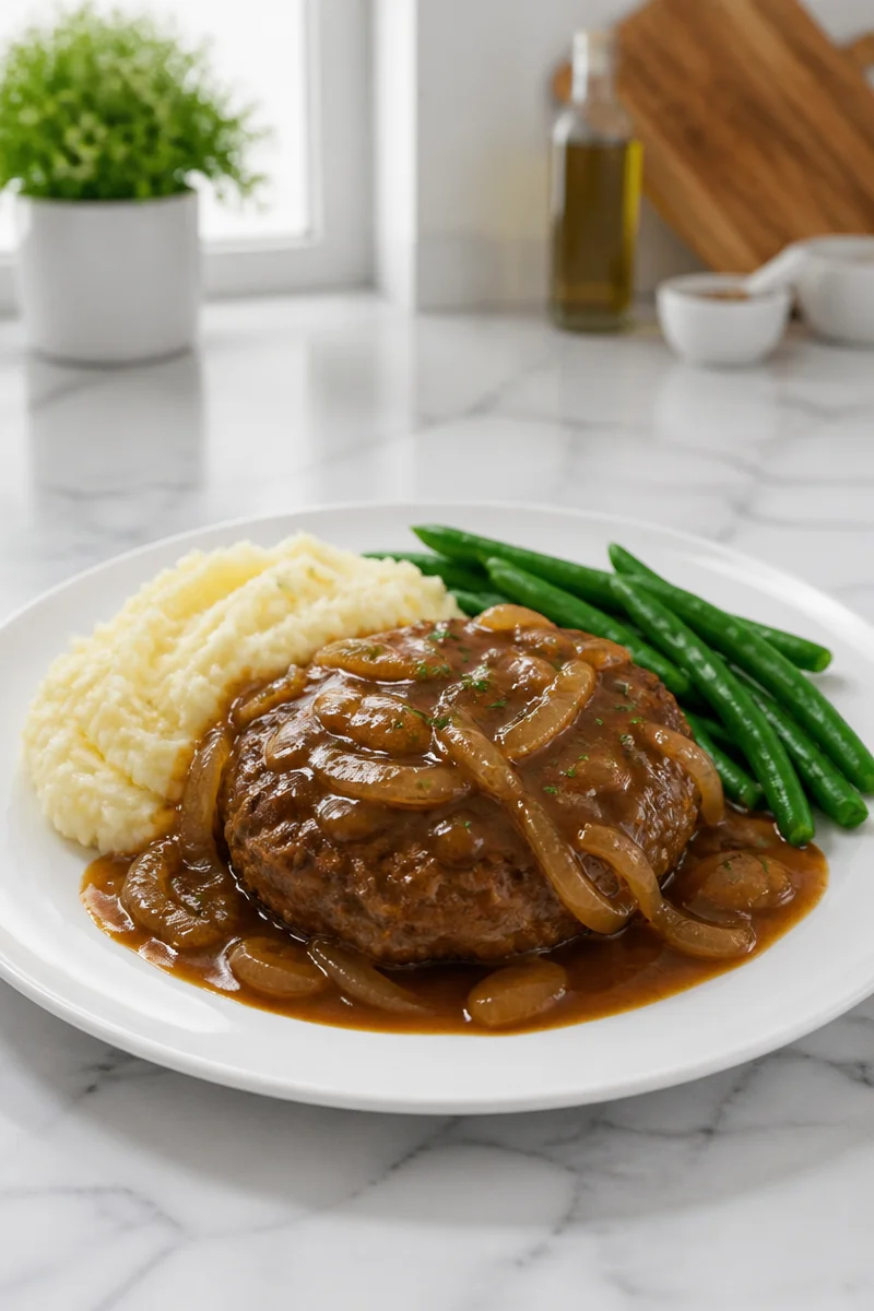 Homestyle Salisbury Steak served with rich onion gravy on a plate