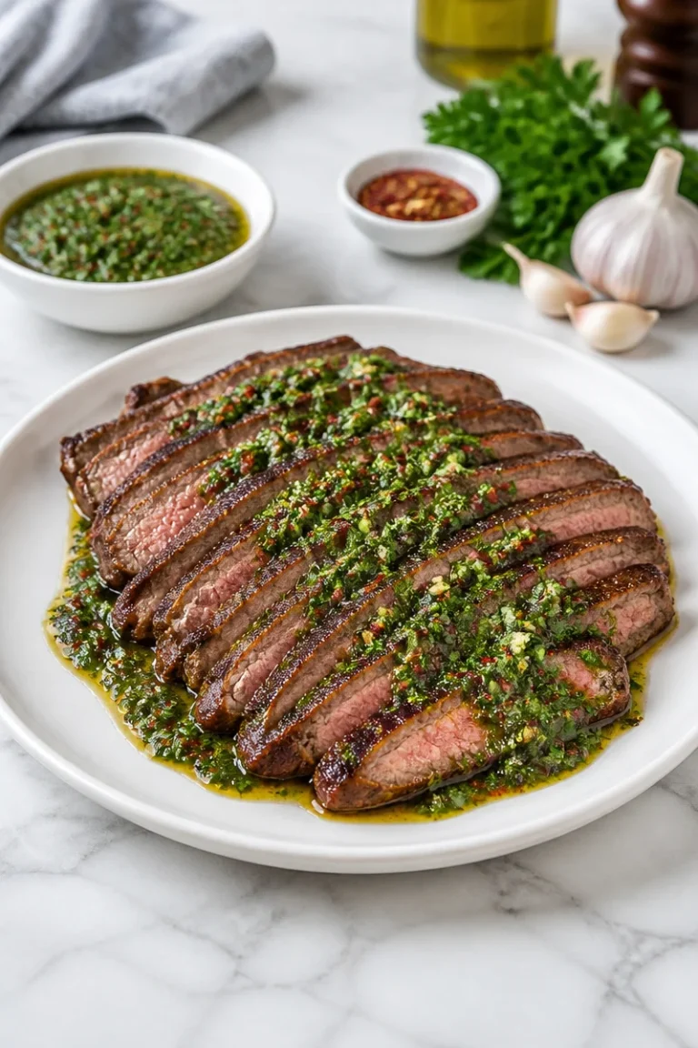 Juicy garlic butter flank steak served with chimichurri sauce on a plate.