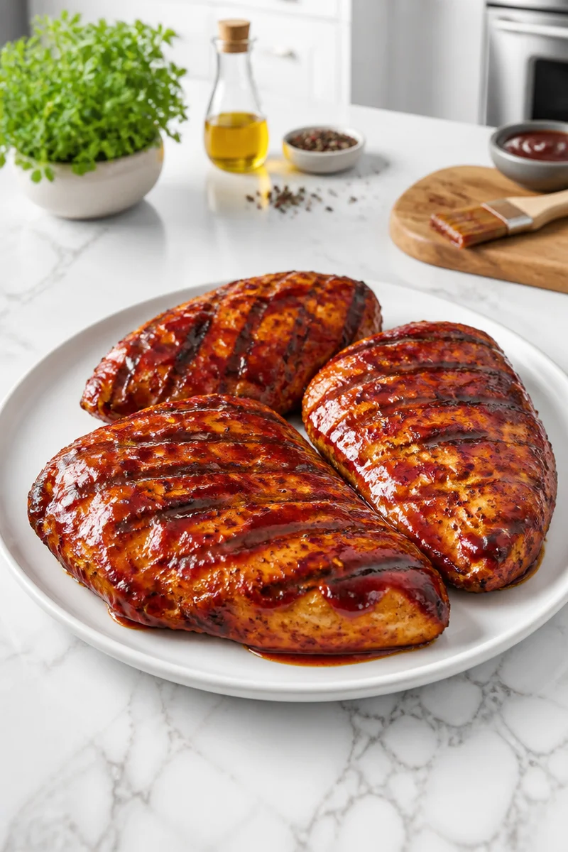 Juicy grilled BBQ chicken breast on a plate, garnished and ready to serve.