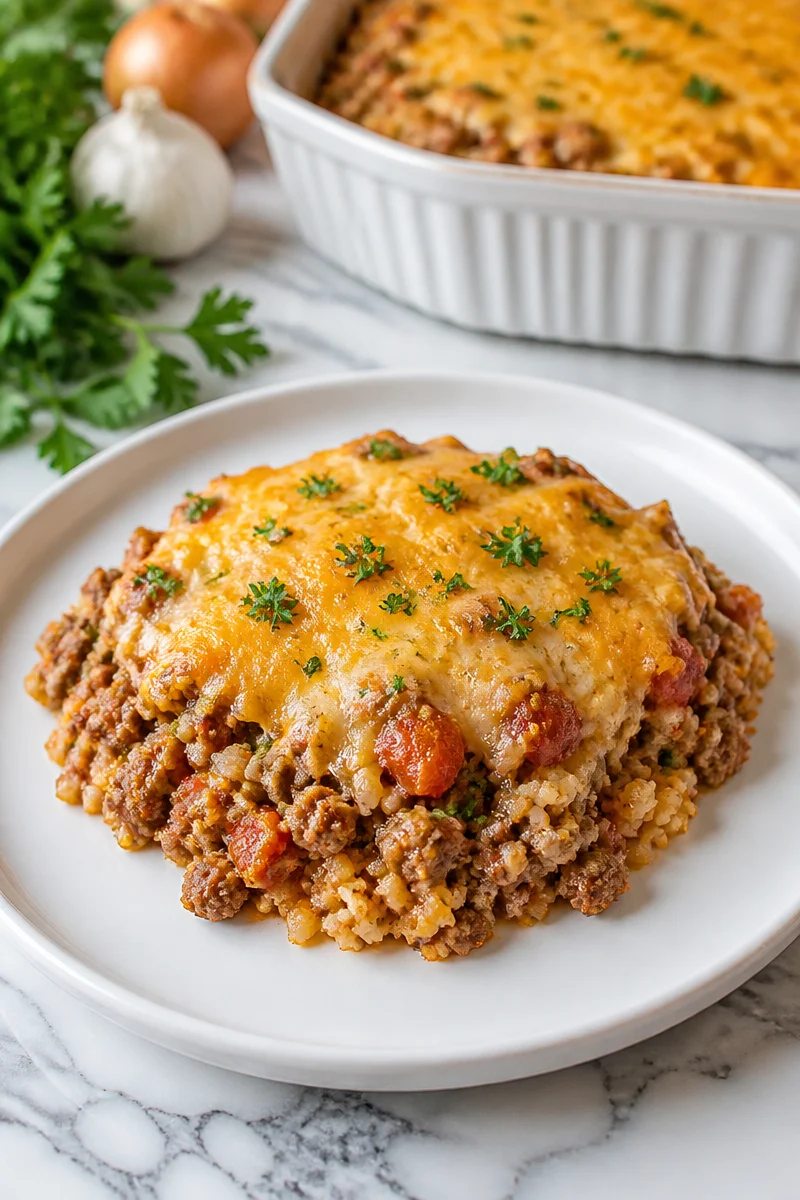 Keto Hamburger Casserole with Cauliflower Rice served in a dish