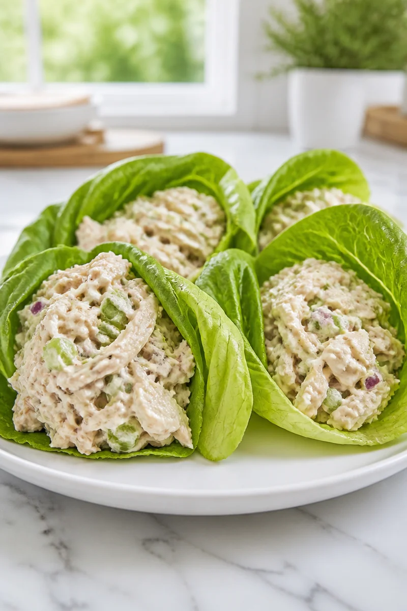 Low Carb Keto Chicken Salad Lettuce Wrap with fresh ingredients and healthy toppings.