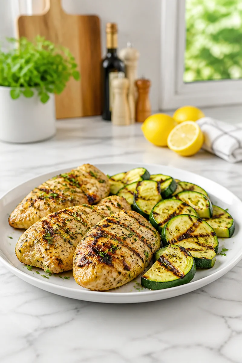 Mediterranean lemon herb chicken served with fresh zucchini slices