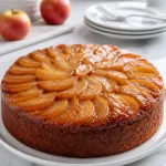 Moist spiced apple upside down cake dessert topped with caramel and spices