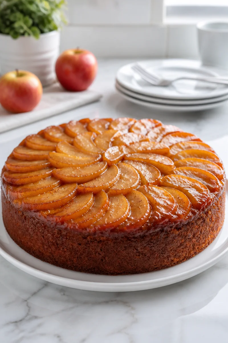 Moist spiced apple upside down cake dessert topped with caramel and spices