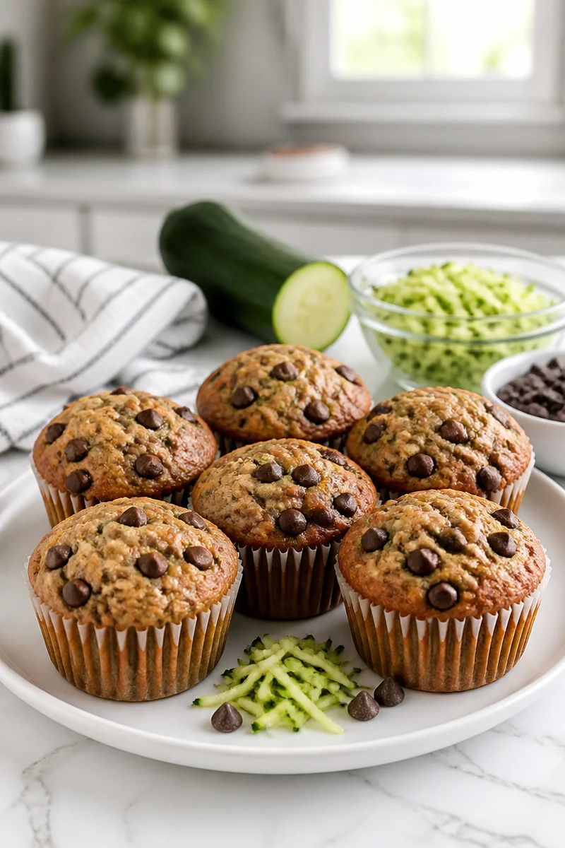 Moist zucchini chocolate chip muffin with chocolate chips on a plate