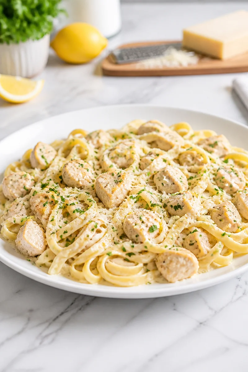 Creamy lemon parmesan chicken pasta in a bowl, garnished with herbs.