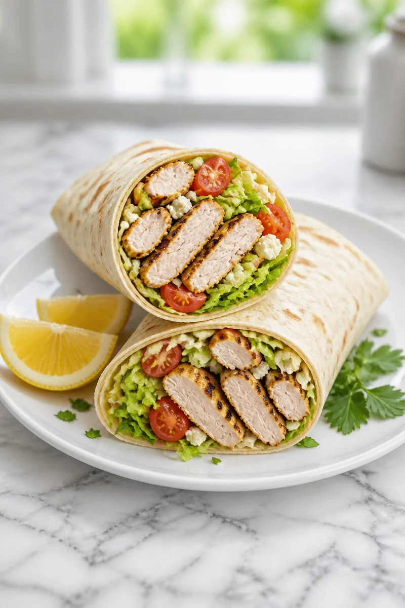 Quick grilled lemon chicken wraps served with fresh vegetables and herbs