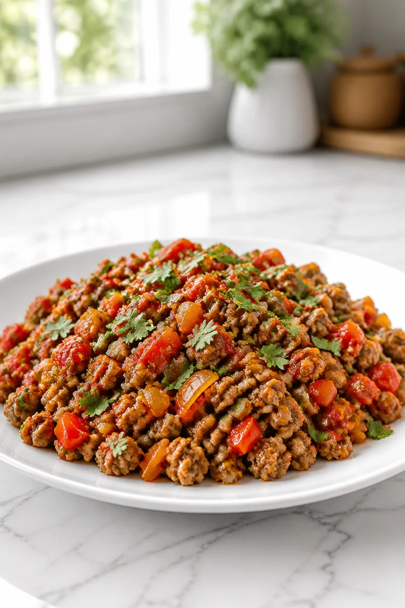 Quick spicy ground turkey skillet dinner served in a colorful bowl