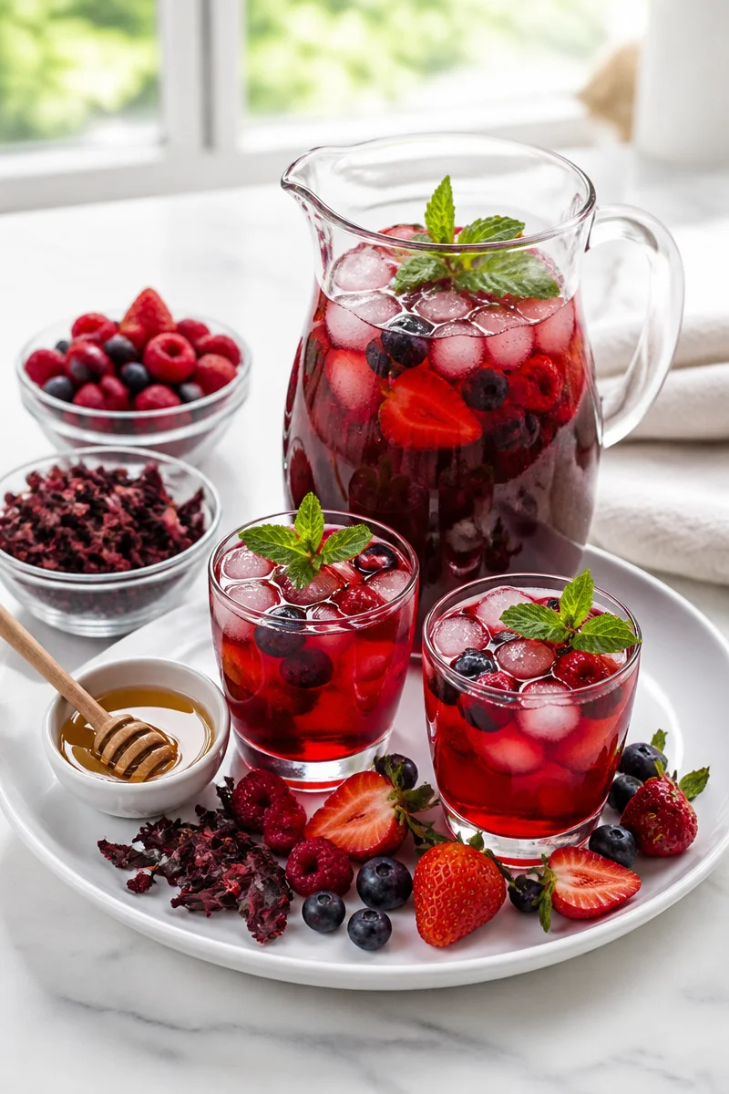 Glass of refreshing iced berry hibiscus tea with berries and mint garnish
