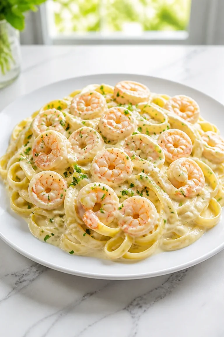 Plate of Shrimp Fettuccine Alfredo with creamy parmesan sauce