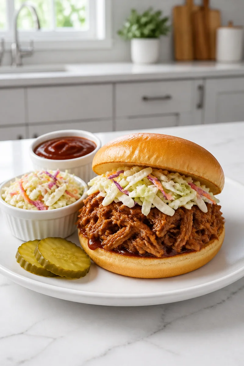 Delicious Slow Cooker BBQ Pulled Pork Sandwich served with coleslaw and pickles.