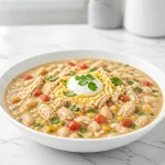 A bowl of slow cooker creamy white chicken chili topped with cilantro and cheese.