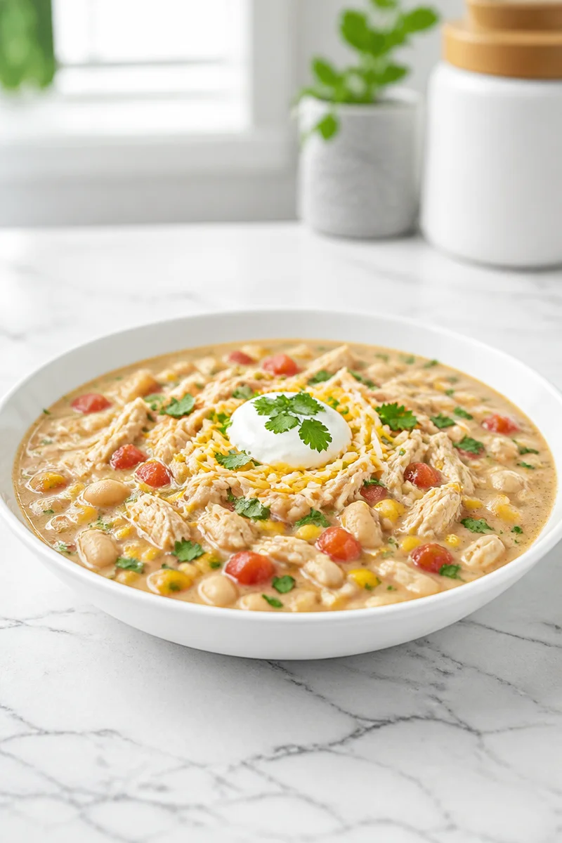A bowl of slow cooker creamy white chicken chili topped with cilantro and cheese.