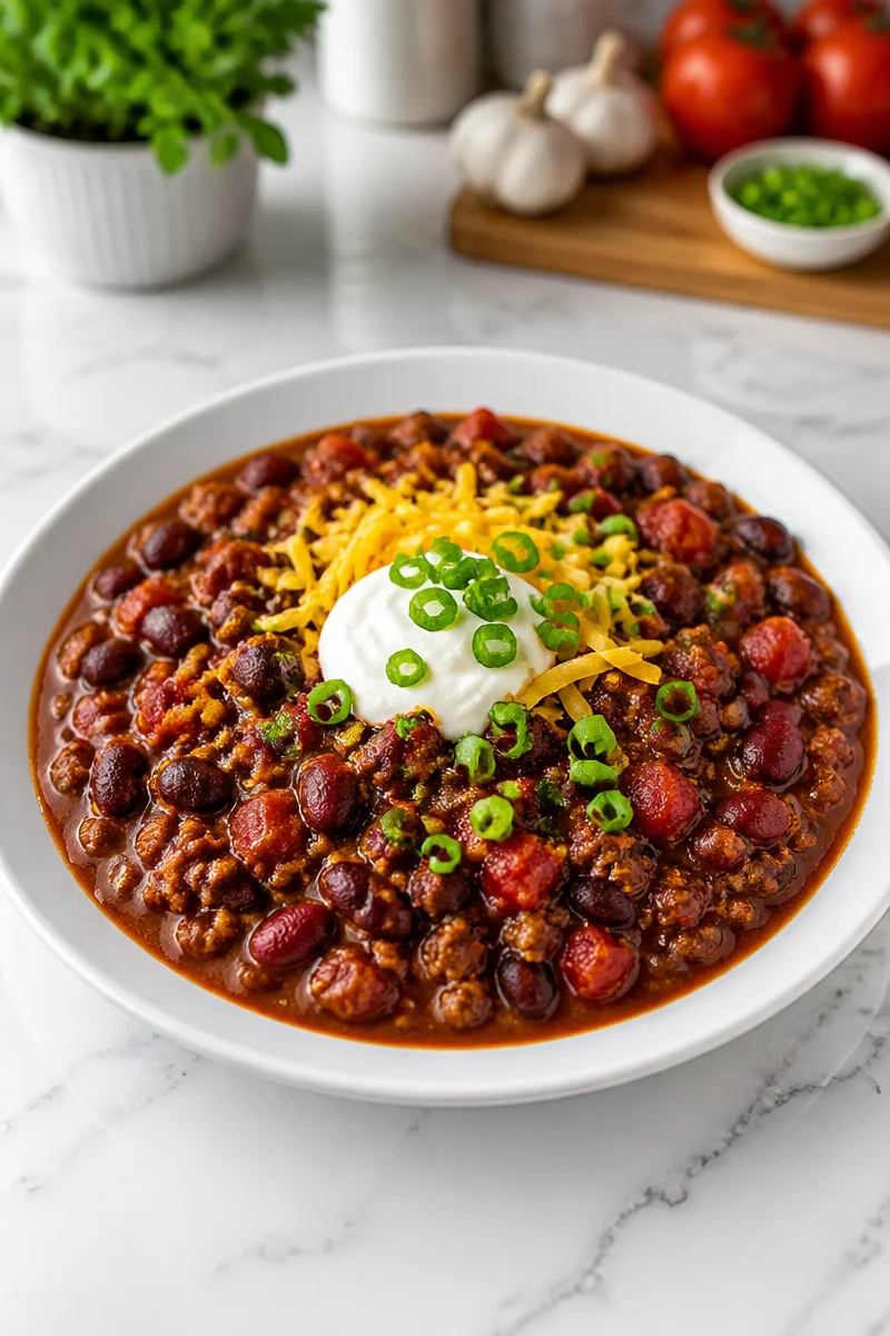 Hearty ground beef chili in a slow cooker with beans and spices.