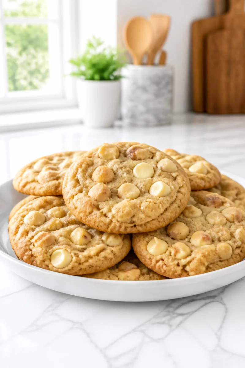 Soft, chewy white chocolate macadamia nut cookie on a wooden plate