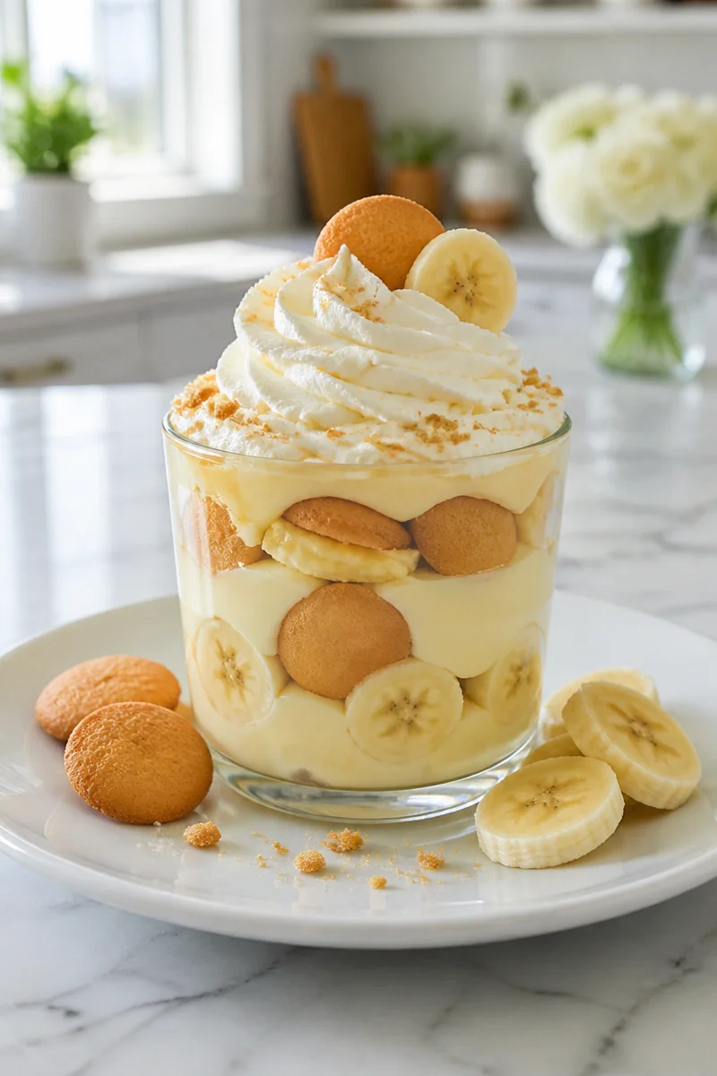 Delicious Southern banana pudding dessert cups served in a glass