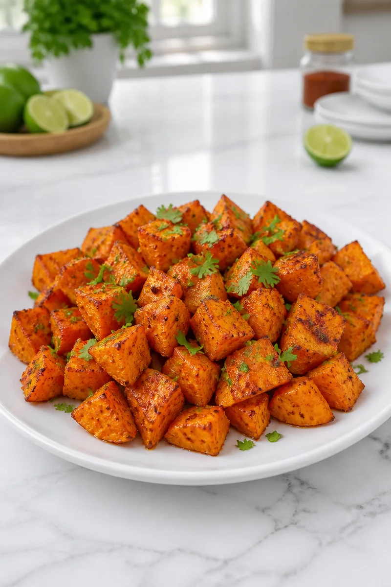 Oven roasted chili lime sweet potatoes garnished with fresh herbs